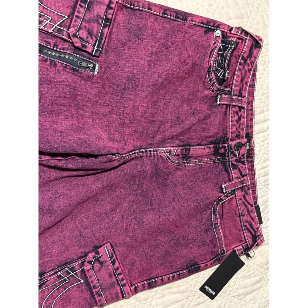 True Religion Bobbi Baggy Cargo Jeans Fiona Pink Overdye Super T Stitch 34 NEW